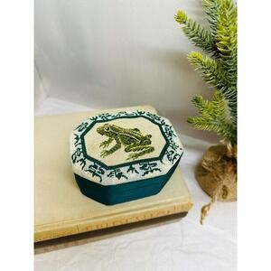 Vintage Frog Needlepoint Trinket Box Octagon Green Velvet Jewelry Keepsake Box
